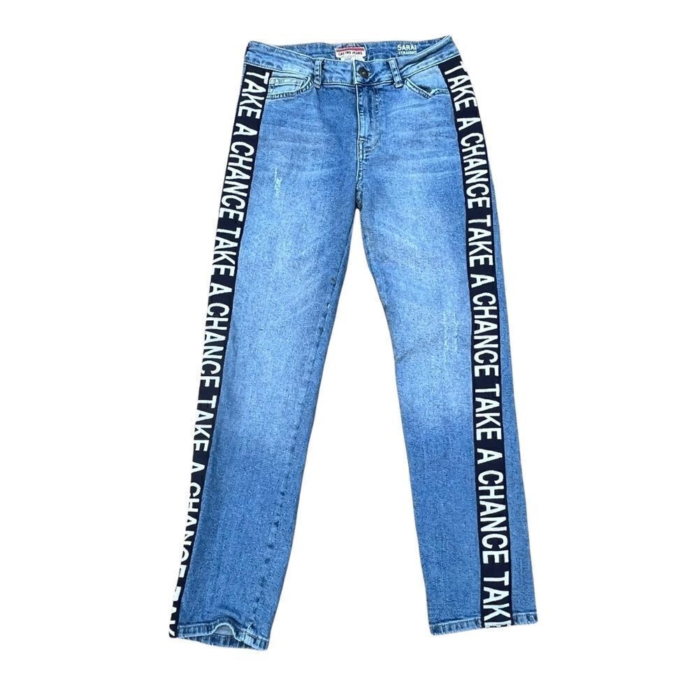 Castro Jeans Sarai Straight Light Wash Spell Out Piped Jeans 4